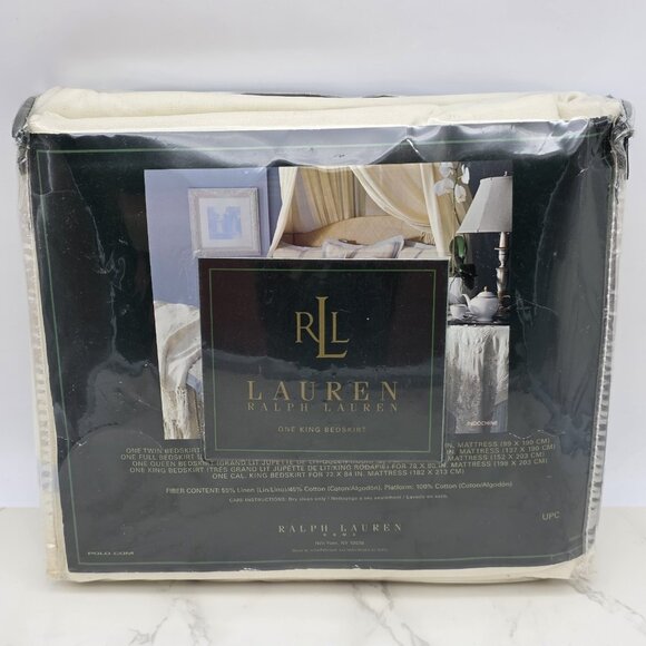 Ralph Lauren King Bed Skirt Indochine Linen Cream Blue Trim NEW old stock RARE - Picture 1 of 3